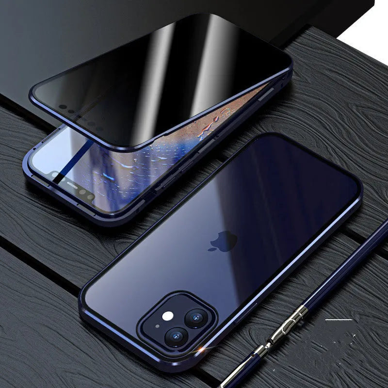 Magnetic privacy glass iPhone case showing anti-peeping screen technology