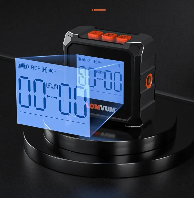 Digital laser infrared inclinometer tool with alloy casing and a display showing measurements.