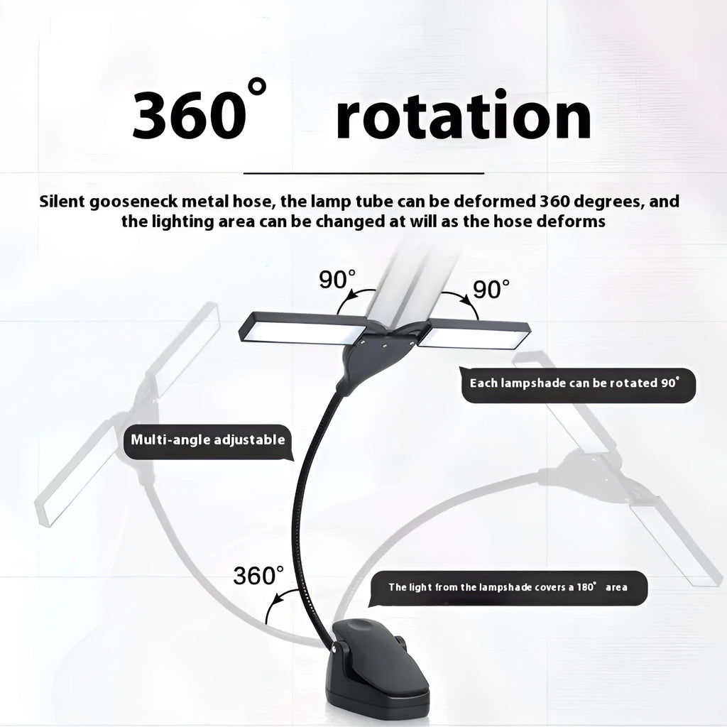 Black rechargeable music stand lamp with 28 LEDs illuminating sheet music on a stand.