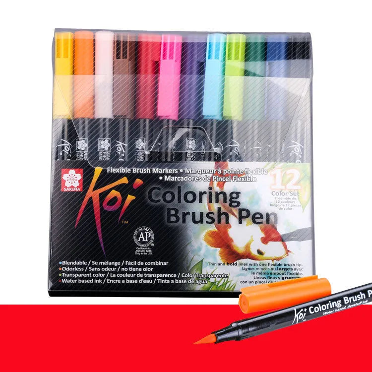 Set of water-based watercolour markers with soft brush tips in a selection of coloured barrels.