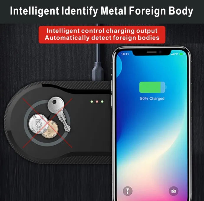 Black and white dual wireless charging pad with two phones charging simultaneously