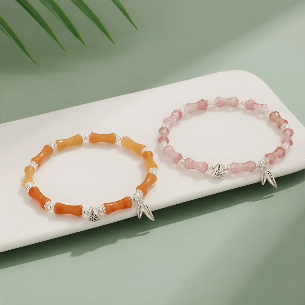 Green aventurine bamboo strawberry crystal bracelet with six stone types and electroplating finish