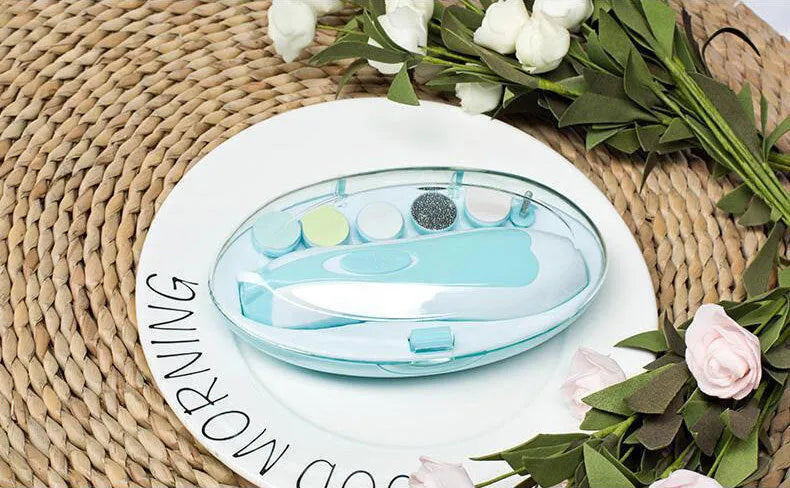 Blue anti-scratch multifunctional baby electric nail polisher with LED light and six grinding heads in a storage box