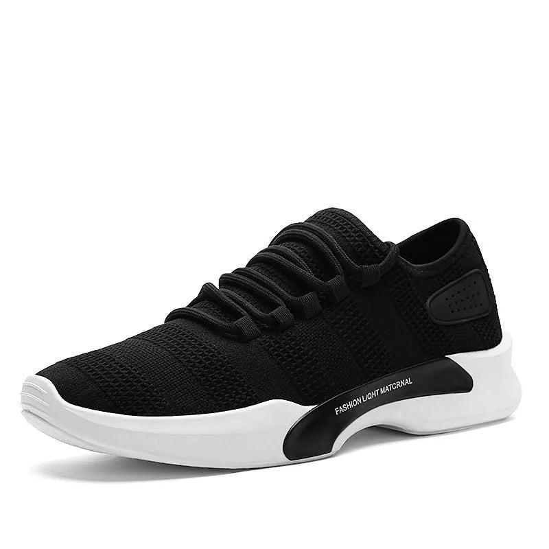 Men's breathable mesh casual sports shoes with front tie, low heel, round toe, in black, grey or white.