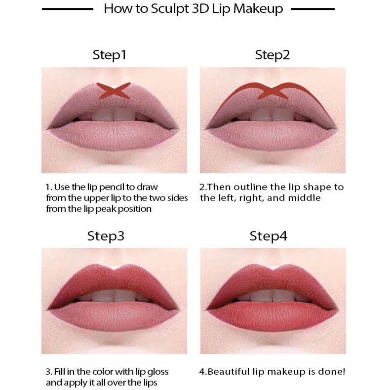 Matte lip liner pencil in a choice of fourteen colours, shown with swatches.
