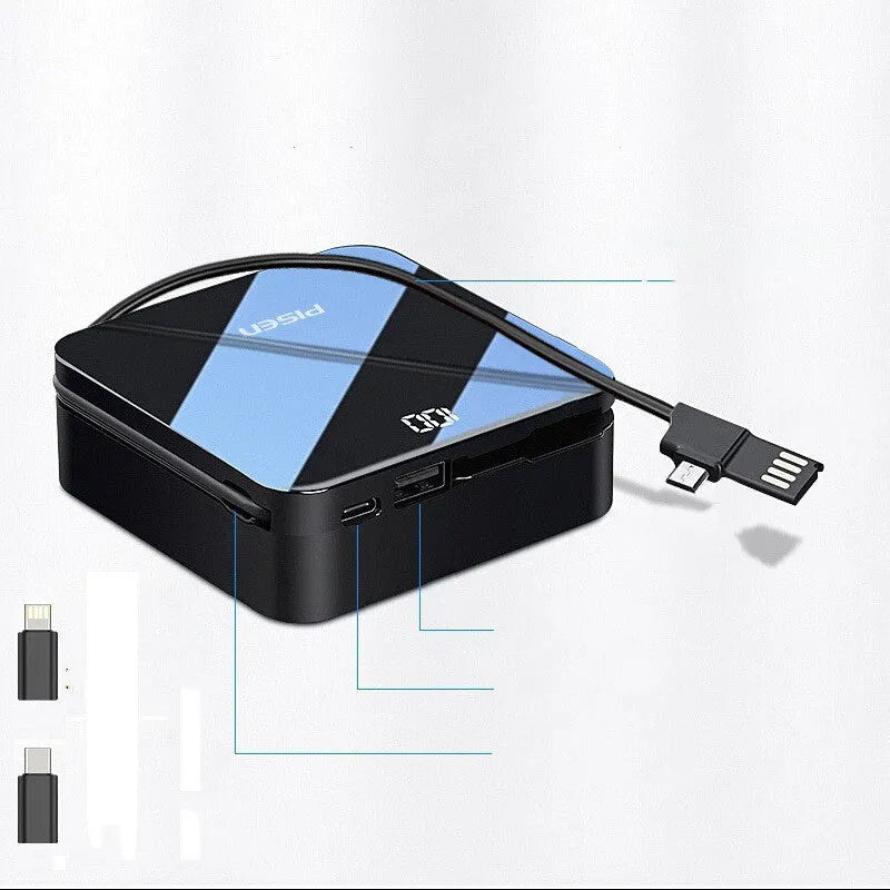 Mini 20000mAh black power bank with integrated cable and LCD screen display on a white background