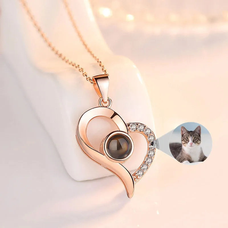 925 silver projection colour photo heart necklace with rose gold finish and chain, 20.5x16.3mm pendant