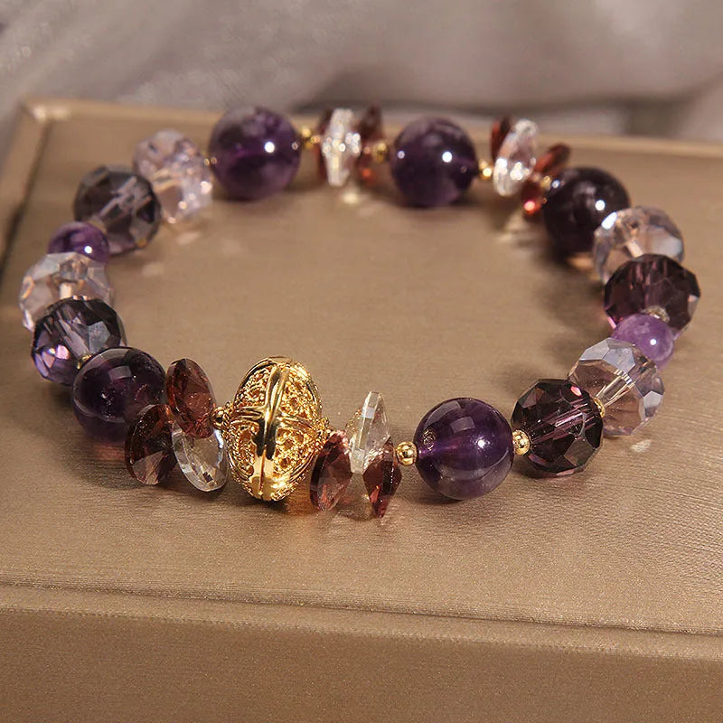 Purple crystal bracelet with pumpkin beads and wind chime lucky charms for women
