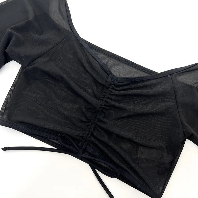 Black mesh women's four-piece bikini swimsuit set with long sleeves