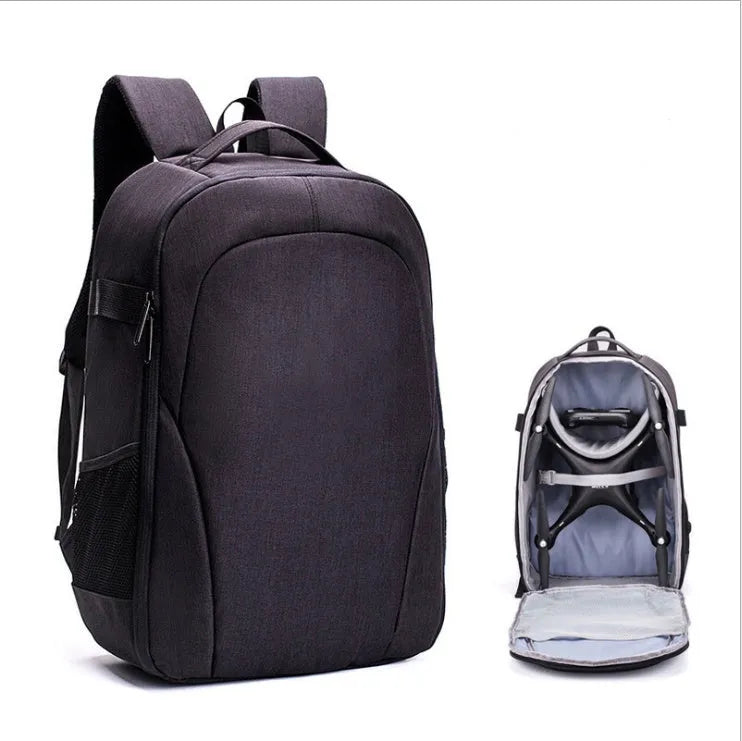 Black Oxford cloth waterproof backpack for DJI drone and camera equipment with internal compartments.