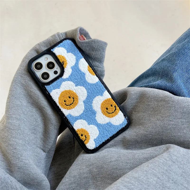 Blue towel embroidered sunflower smiley plush phone case for Apple iPhone with hard shell back cover