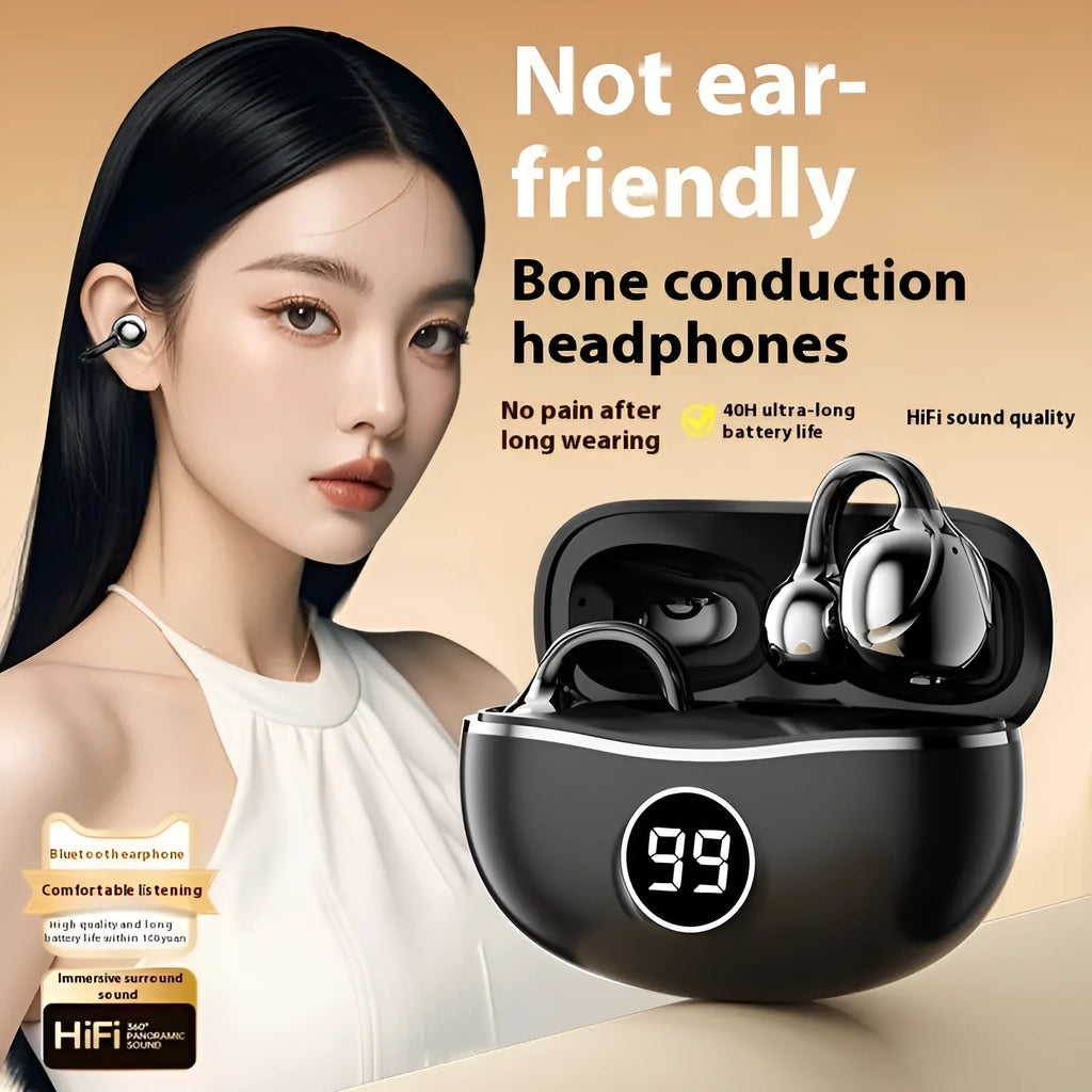 D151 wireless bone conduction Bluetooth headset with digital display, apricot colour, sports style