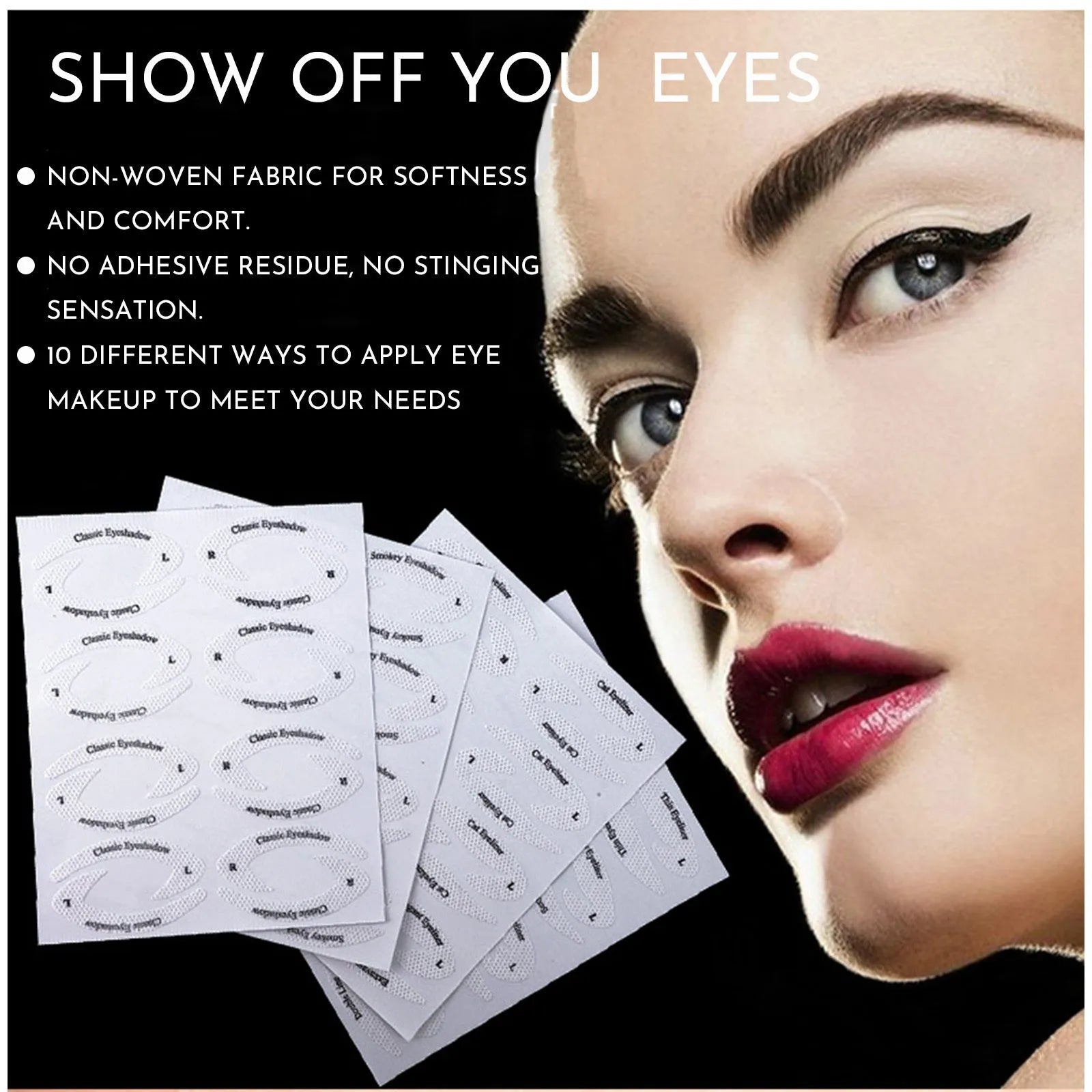 Four reusable adhesive eyeliner stencil stickers for creating winged and cat eye makeup looks.