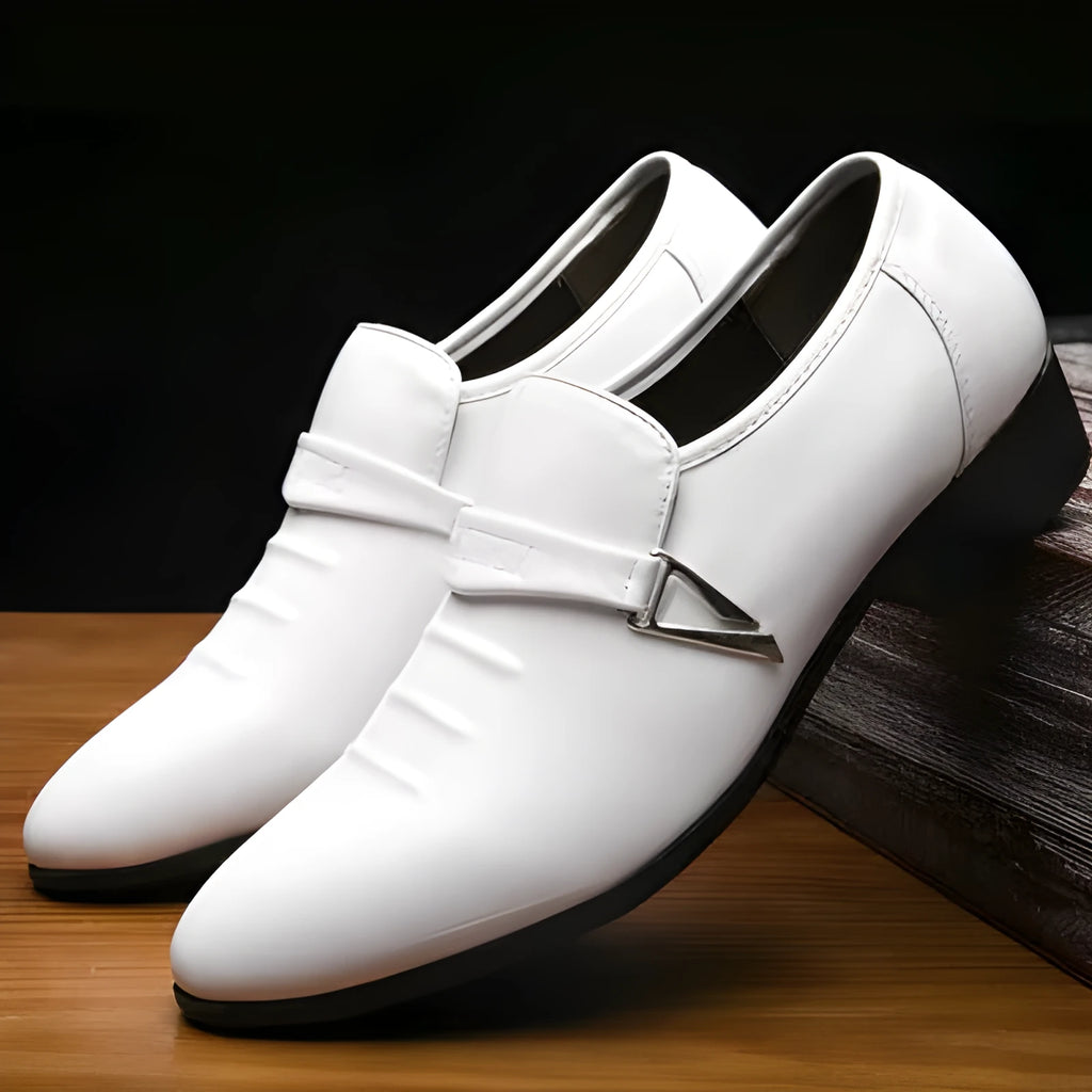 Men's casual wild shoes in artificial PU leather, black colour, lace-up design, side view