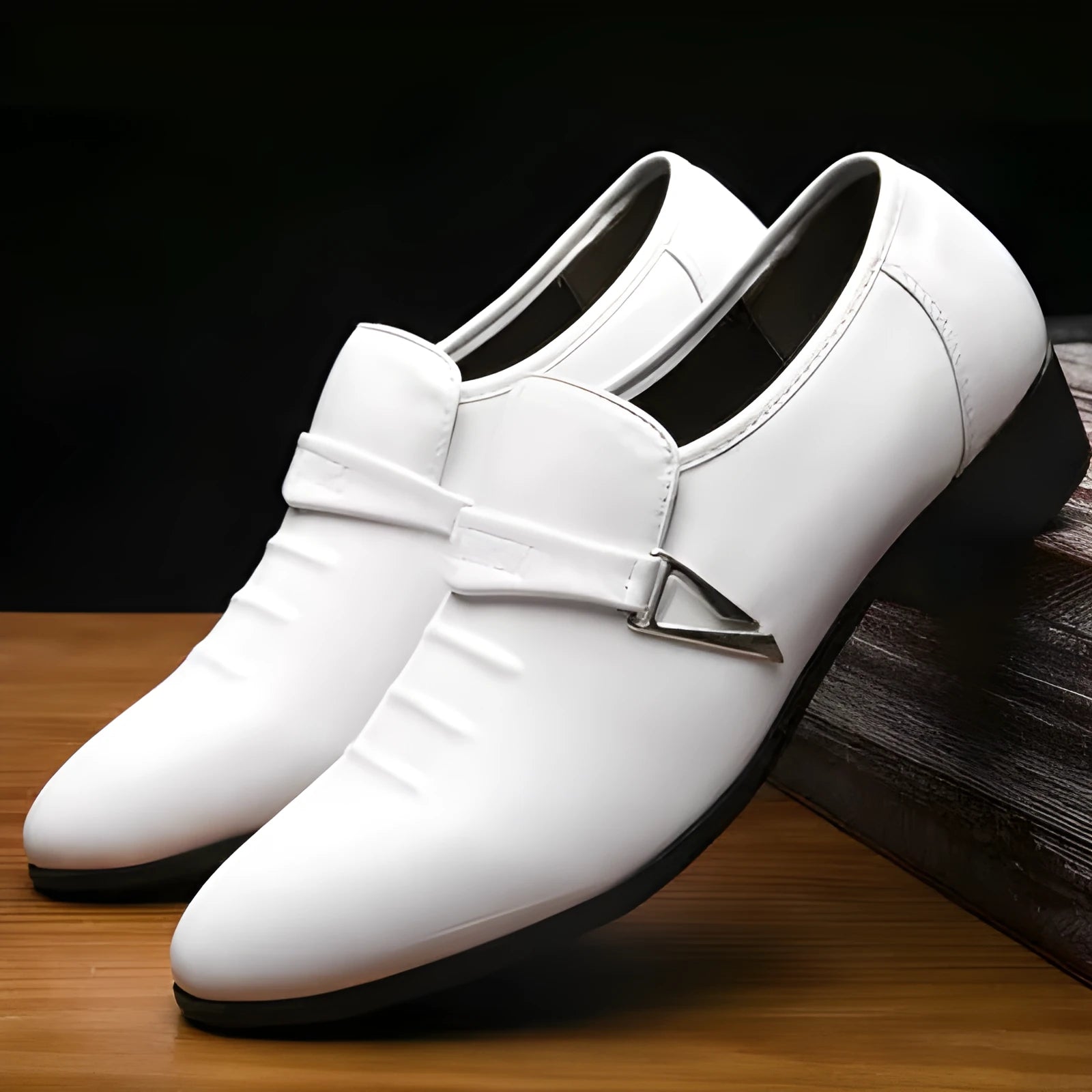 Men's casual wild shoes in artificial PU leather, black colour, lace-up design, side view