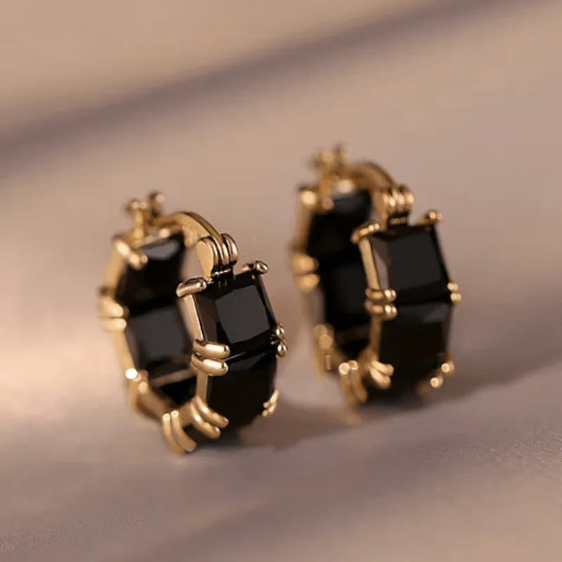 Women's black zirconium geometric drop earrings with gold electroplated U-shaped design