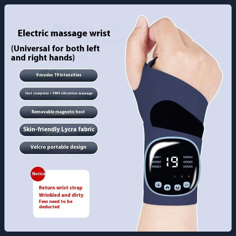 Adjustable hand massage instrument with wristbands in beige, blue, and navy blue colour options