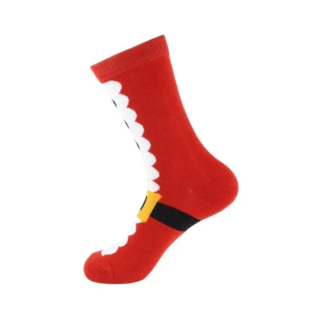 Pair of red Christmas Santa socks with cotton construction, crew length, and festive design