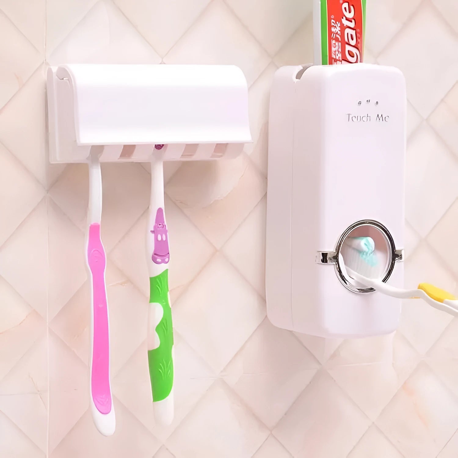 White adhesive bathroom accessories set with toothbrush holder mounted on tile wall