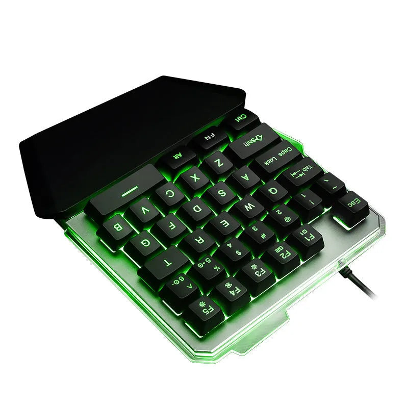 Black G40 Flow one-handed mechanical gaming keyboard with RGB backlighting on keys.