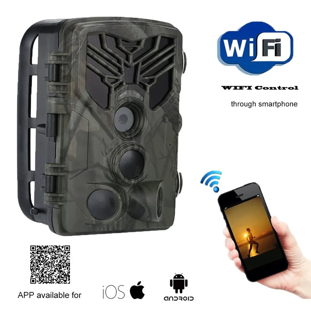 WiFi830 hunting camera with camouflage design showing display screen and lens