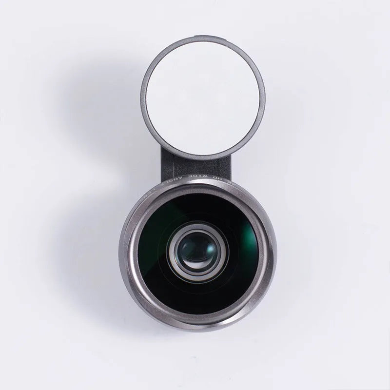 External mobile phone camera lens attachment with wide-angle capability and coloured LED lighting