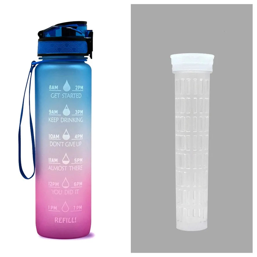 Blue and red gradient 1 litre Tritan sports water bottle with time markers and a black flip-top lid.