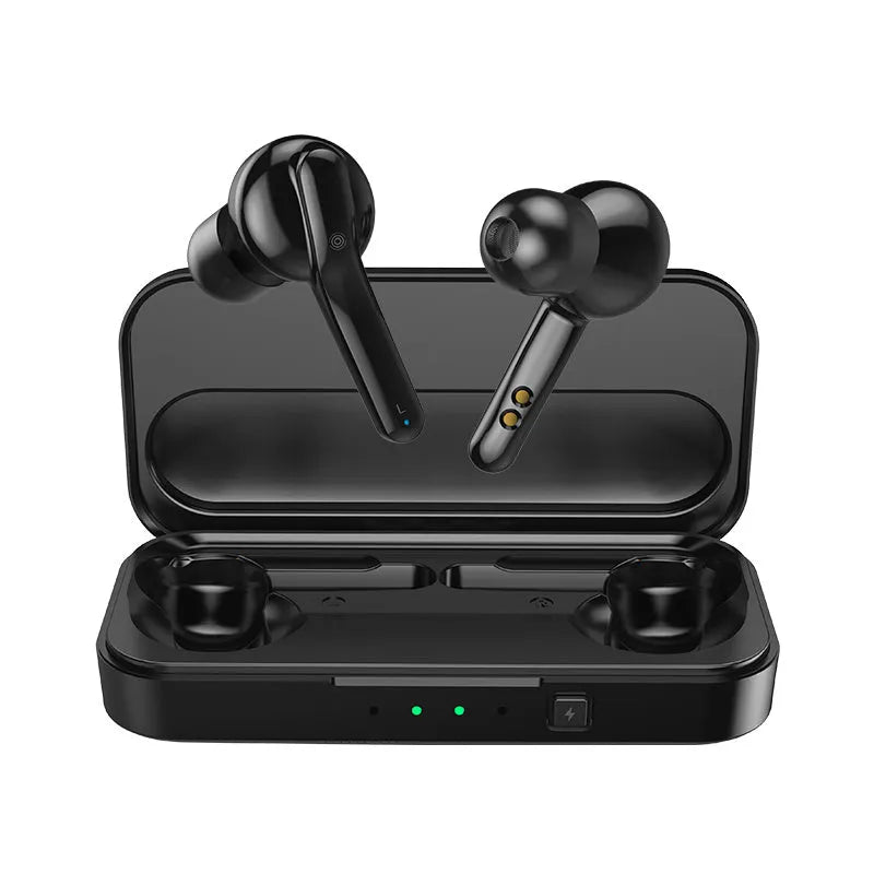 Black and white TWS wireless earbuds with Bluetooth 5.0 and IPX5 waterproof rating.