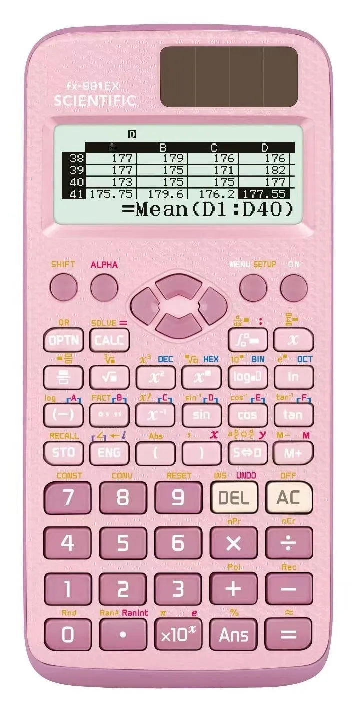 CASIO 991EX scientific calculator in black, blue, and pink colour options with solar panel