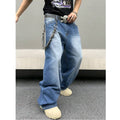 Men's sky blue straight loose jeans in cotton denim with zip fly, front view