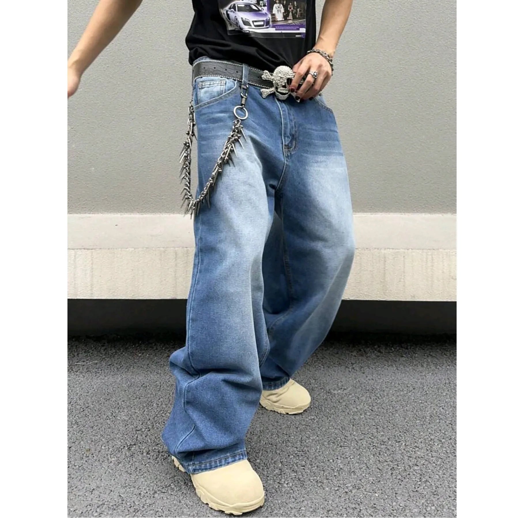 Men's sky blue straight loose jeans in cotton denim with zip fly, front view