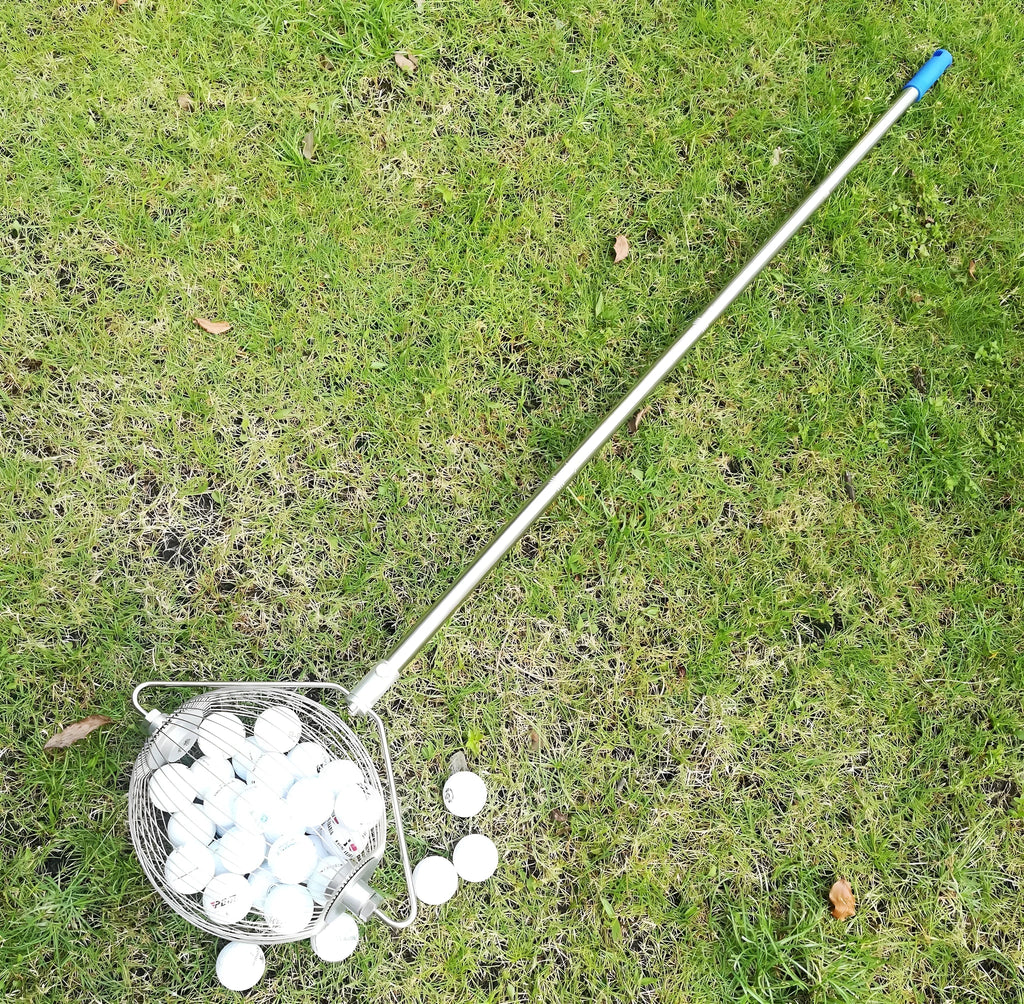 Metallic 304 stainless steel golf ball picker on a green surface.
