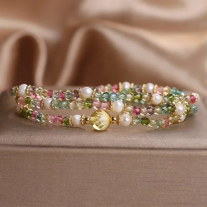 Natural tourmaline multi-layer bracelet with small rice-shaped beads in three circles, ethnic style for women