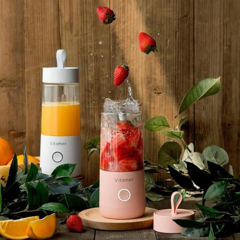 White portable USB blender bottle with silicone ring, 350ml capacity, and stainless steel blade on base.