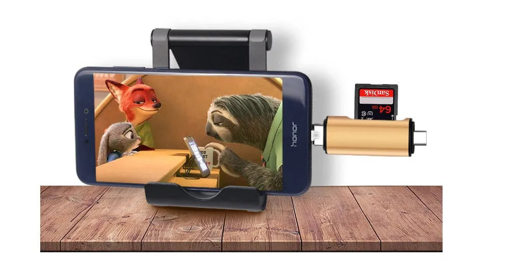 USB mobile phone card reader with triad Micro USB, Type-C, and USB plugs, aluminium alloy, golden or silvery, for TF and SD cards.