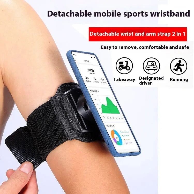Sports mobile phone arm bag in black with phone inserted showing adjustable strap and waterproof construction