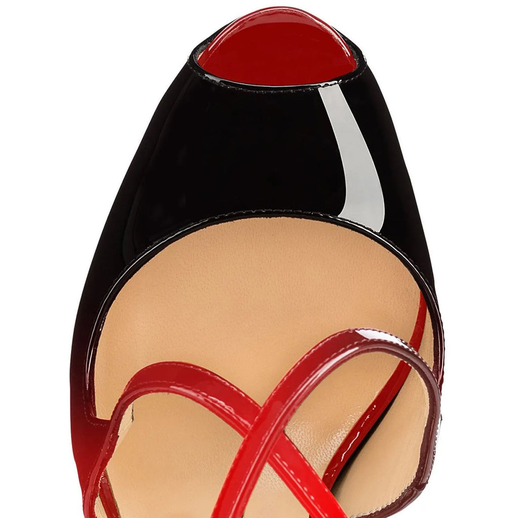 Women's black and red peep toe high heel shoes with a matching cross strap and a high rubber sole.