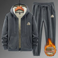 Grey men's hooded sweater and matching cotton blend pants from a casual sports suit set.