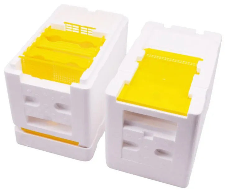 Three white EPS foam bee delivery boxes for beehive breeding and colony management.