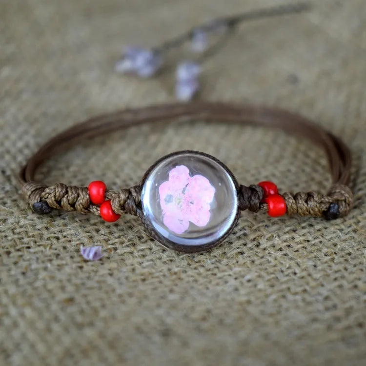 Dried flower starry necklace with embossed glass beads in peach blossom colour
