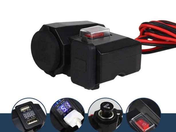 Motorcycle USB waterproof charger dual ports voltmeter model CD-3028 black handlebar mount