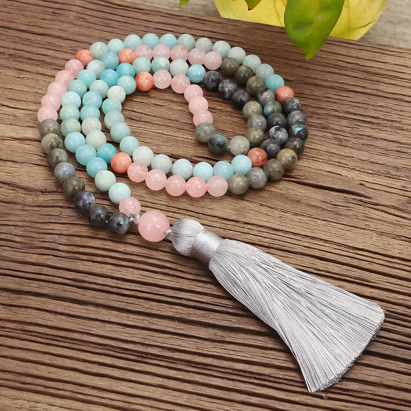 Bohemian jewellery set with colourful stone beads and tassel pendants showing necklace and bracelet pieces