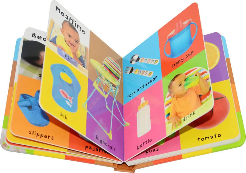 Red hardcover cardboard book for children with English vocabulary content