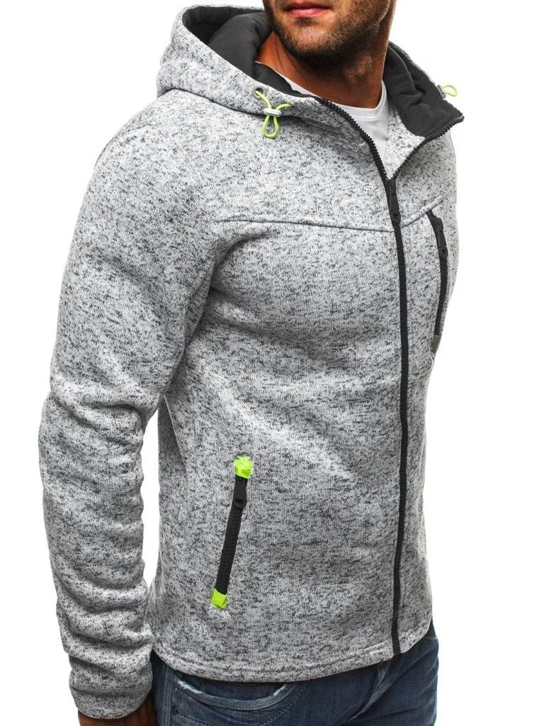 Men's grey hoodie with zip closure, hood, and O-neck collar, polyester cotton blend, sizes M to XXXL