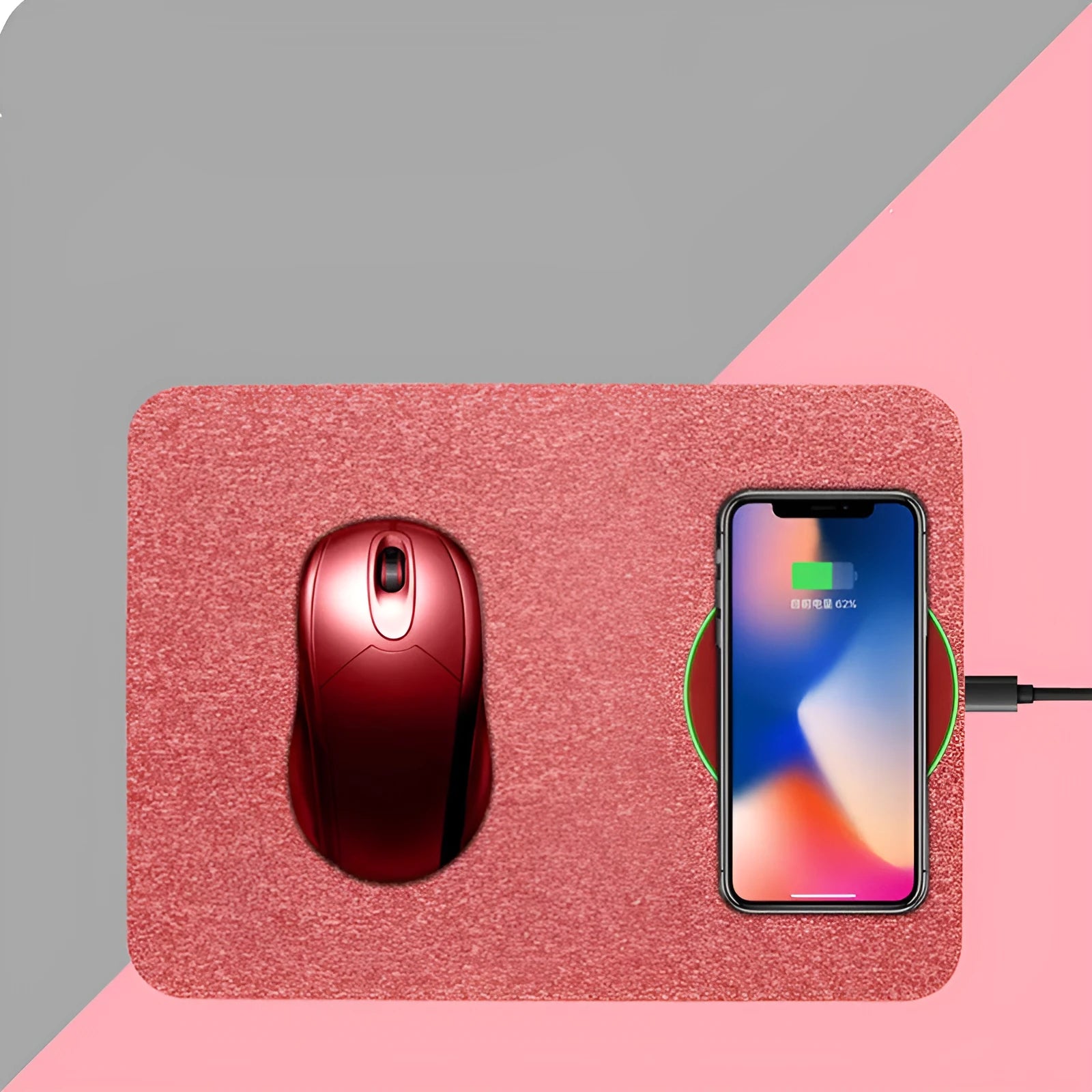 Wireless charging mouse pad showing black colour option with smartphone charging on surface