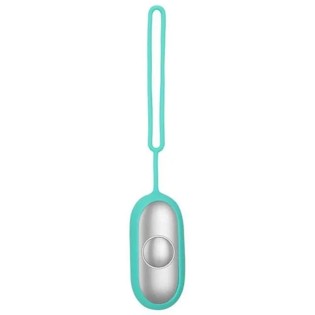 Handheld microcurrent sleep aid device with round button, USB charging port, and stainless steel electrodes in grey green orange colours