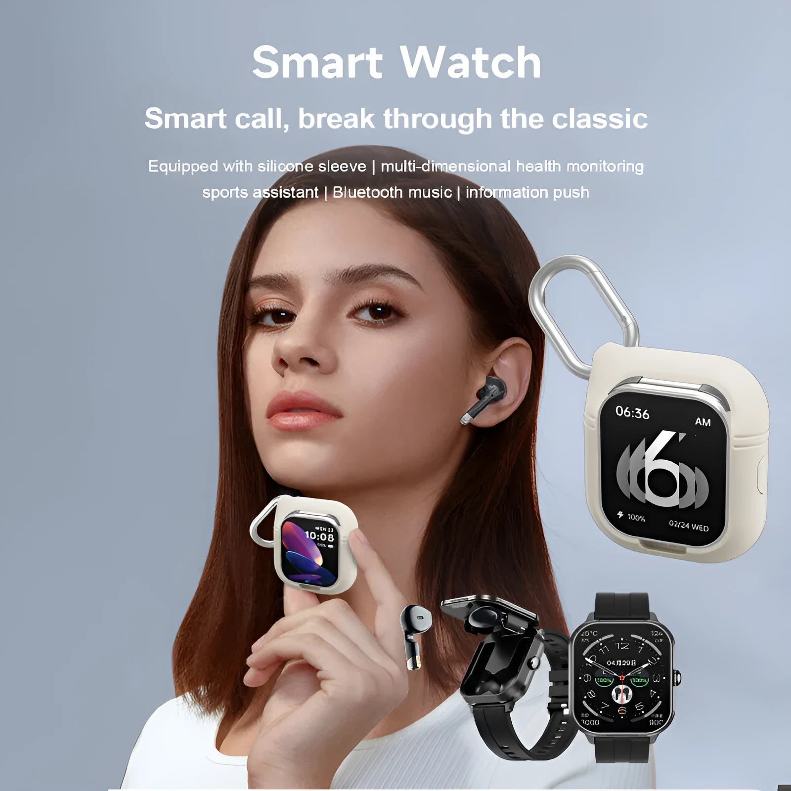 D8pro smart watch with TWS earphones black steel strap silicone case health monitoring