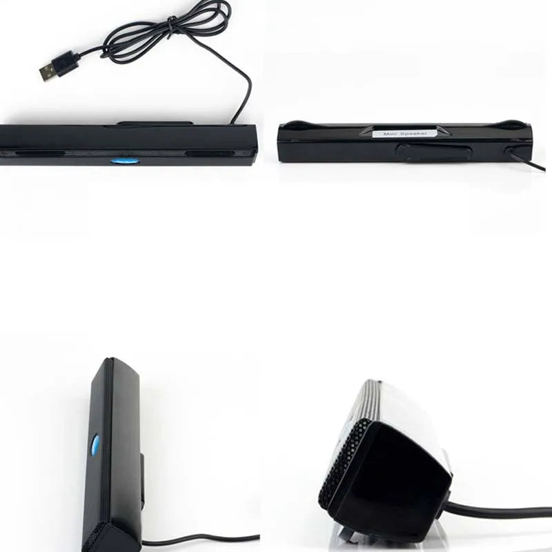 USB laptop desktop computer mini speaker with plastic enclosure, button controls, black colour, 20cm length