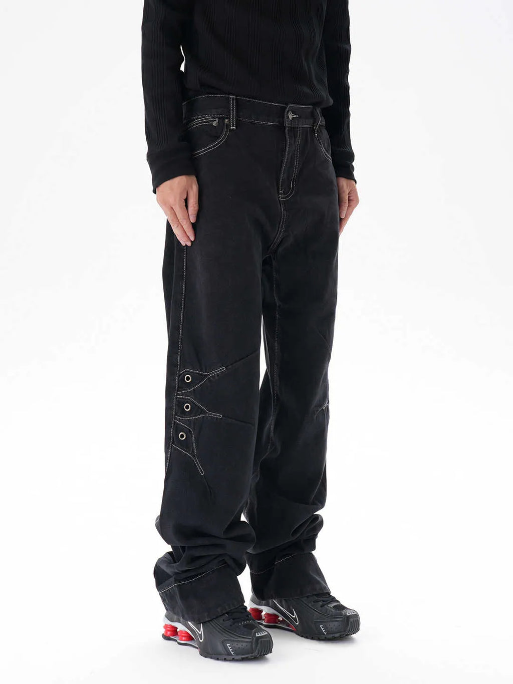 Men's black contrast colour wide leg machete jeans with mid waist and zipper fly, sizes M to 2XL