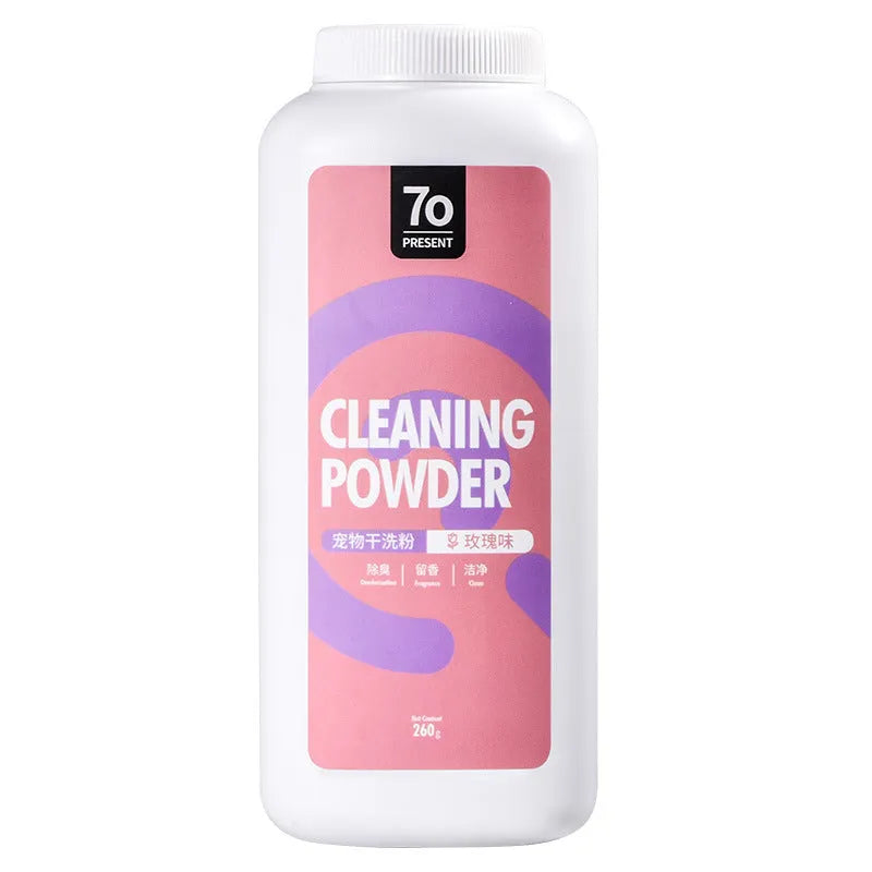 Dog dry cleaning powder container measuring 15.5x5x6cm with no-water deodorising formula